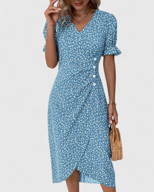 Pelegrina Floral Wrap Midi Dress with Short Sleeves