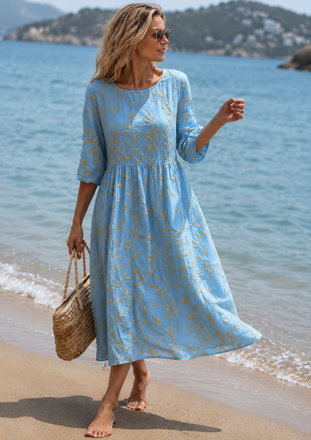 Osgyth A-Line Floral Midi Dress with Three-Quarter Sleeves