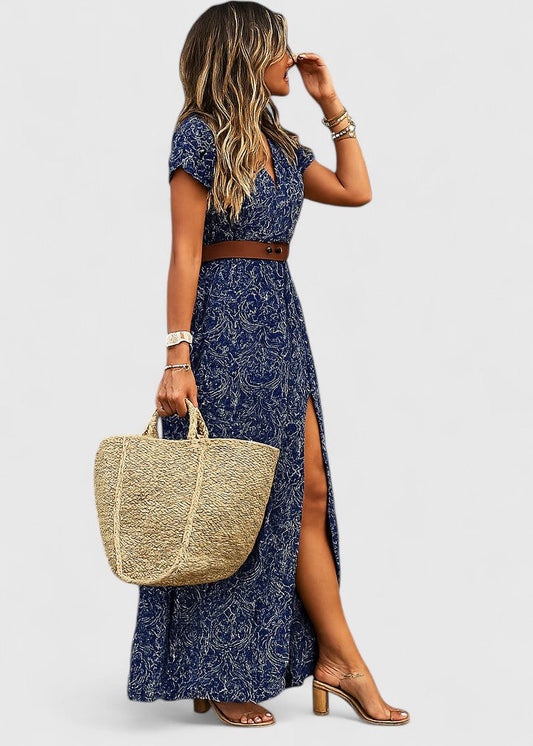 Liutgarde Short Sleeve Wrap Maxi Dress with Slit