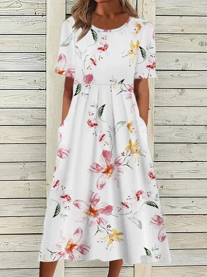 Shirin Floral A-Line Midi Dress with Short Sleeves