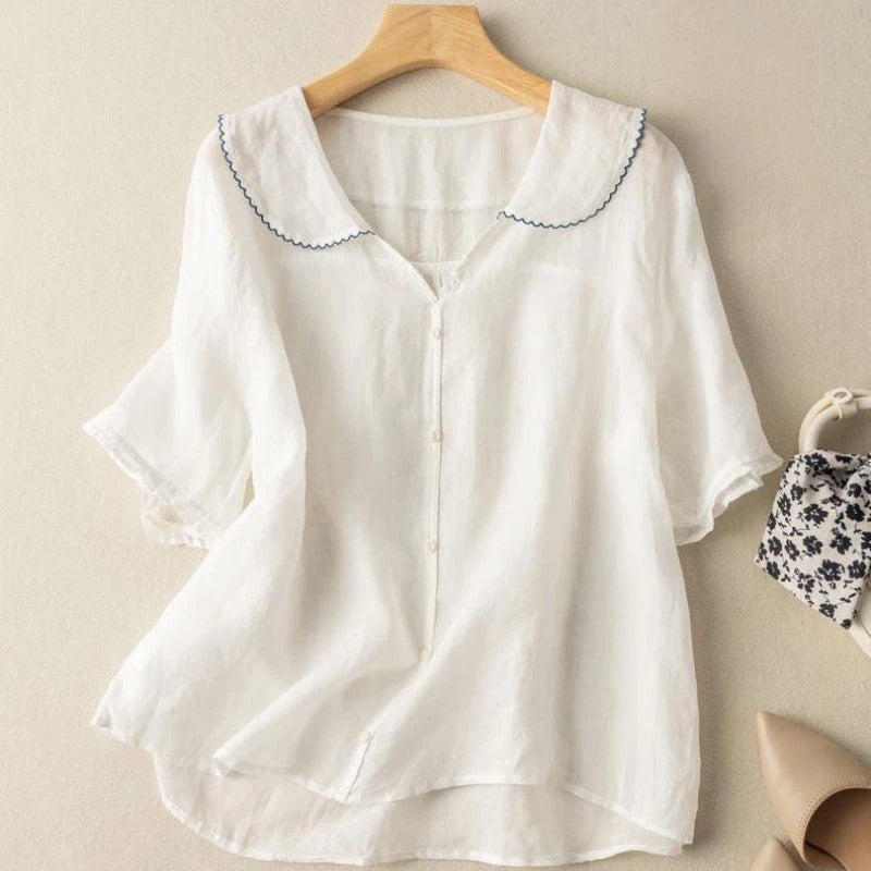 Nevena Button-Down Blouse with Scalloped Collar