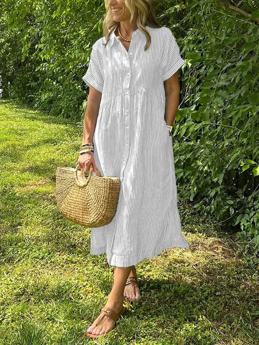 Nurjahan Striped Midi Shirt Dress with Button-Down Front