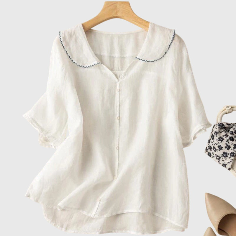 Waudru Peter Pan Collar Button-Down Blouse