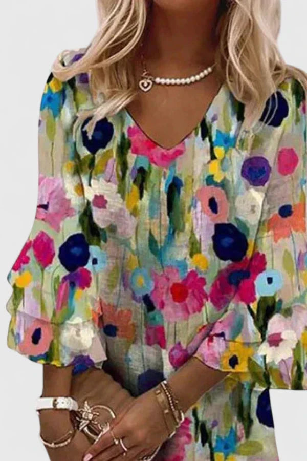 Zulmira Floral Dress with V-Neck and Bell Sleeves