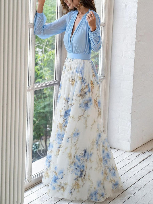 Parandzem Floral V-Neck Maxi Dress with Long Sleeves
