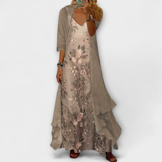 Dorottya V-Neck Floral Maxi Dress Two-Piece Set