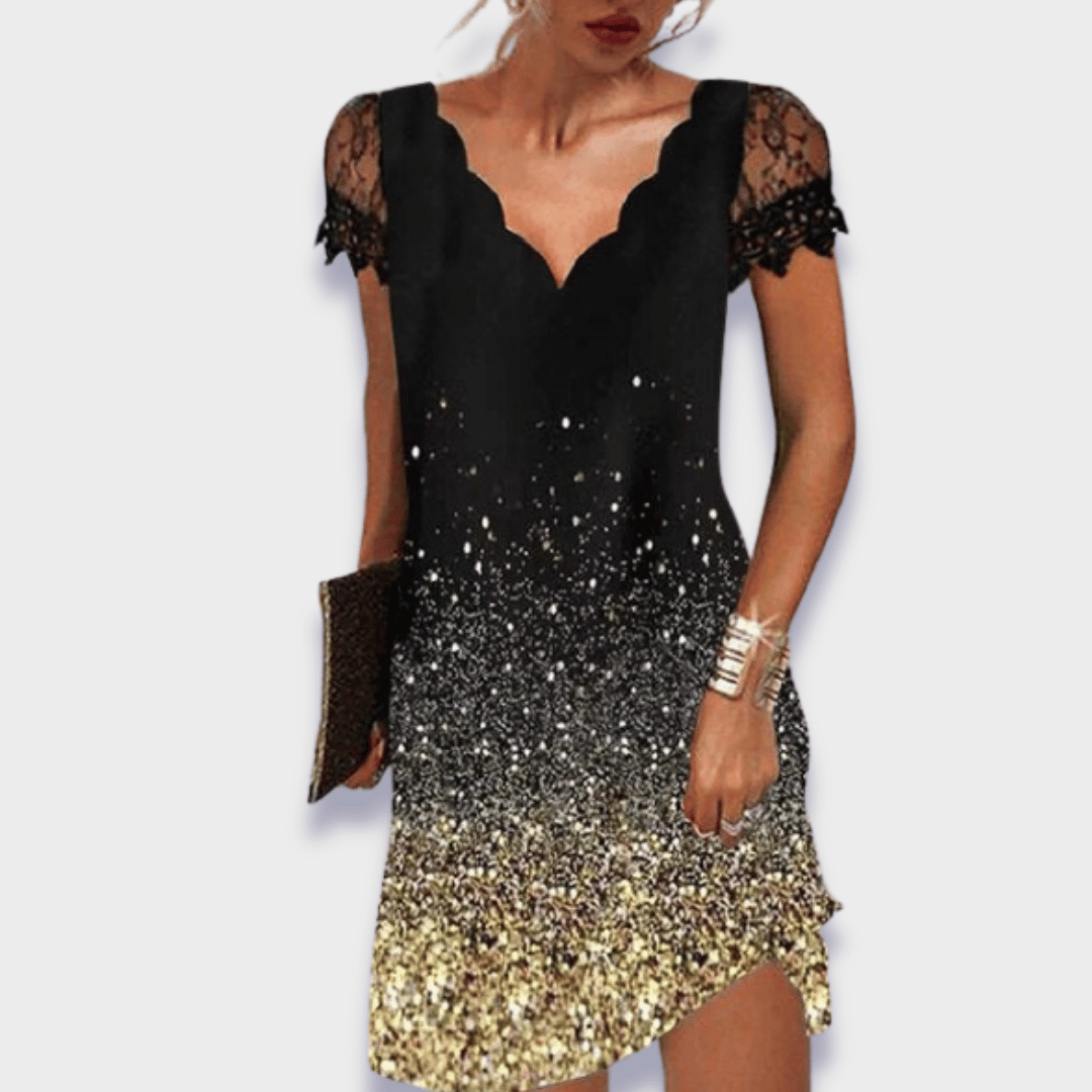 Turid V-Neck Dress with Short Sleeves and Lace Trim