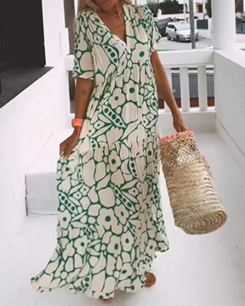 Ornella V-Neck Maxi Dress with Abstract Print