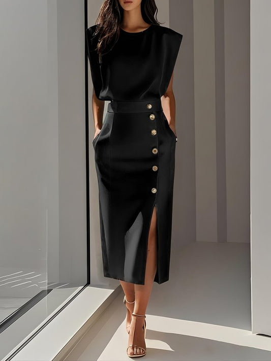 Mielikki Sleeveless Midi Dress with Button-Front