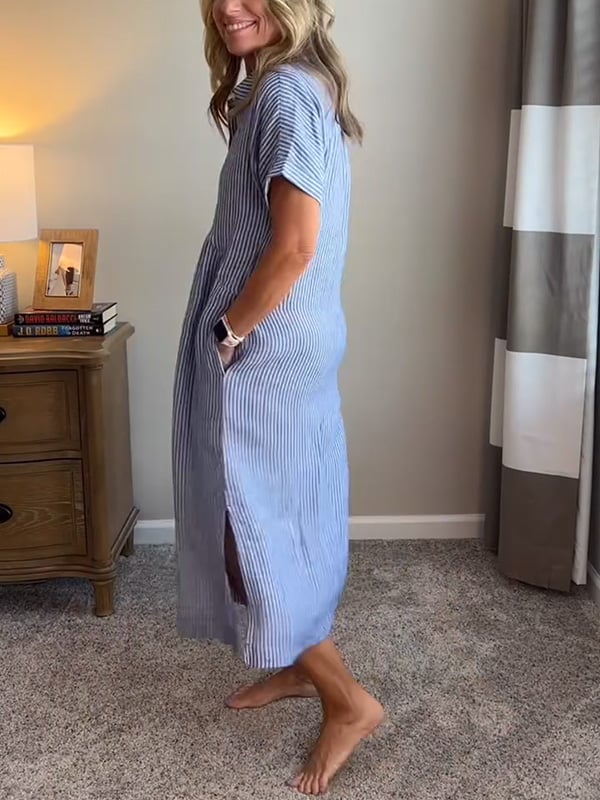 Nurjahan Striped Midi Shirt Dress with Button-Down Front
