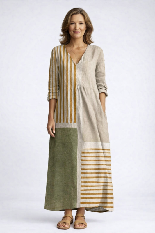 Ondeline Striped Linen V-Neck Midi Dress