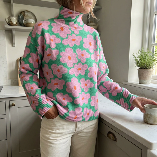 Gwenllian Floral Roll Neck Knit Sweater