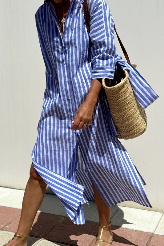 Haelewise Striped Linen Button-Down Midi Shirt Dress