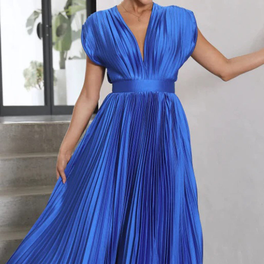 Anahit Wedding Guest Pleated Midi Dress with V-Neck