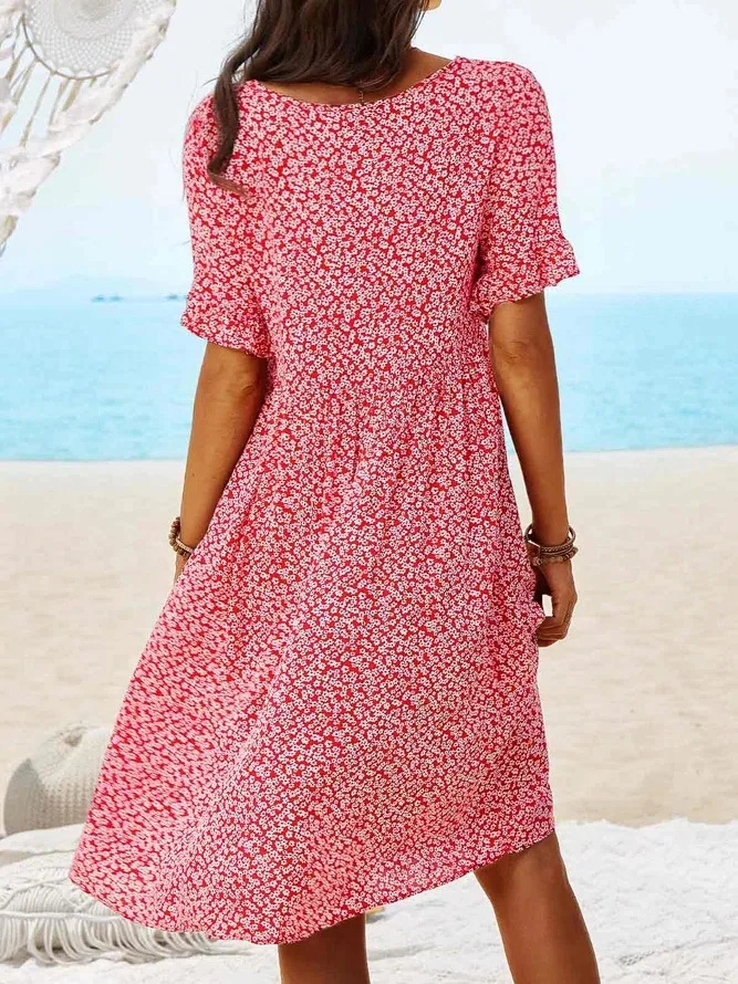 Roberge Floral A-Line Flutter Sleeve Midi Dress