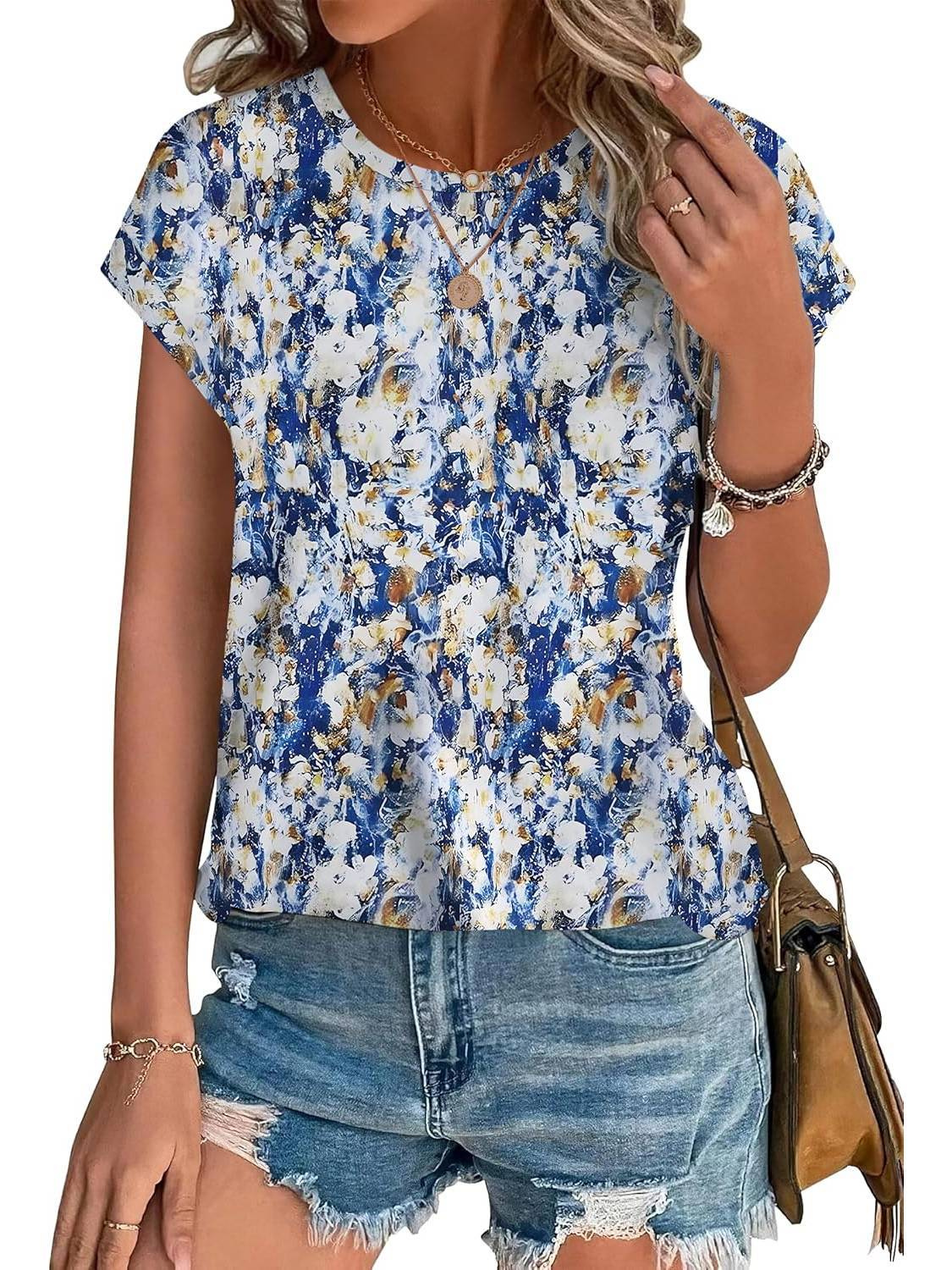 Basilisse Botanical Leaf Print Cap Sleeve Blouse