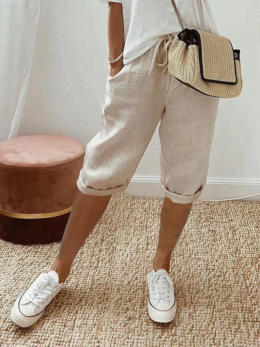 Vivette Linen Cropped Bermuda Shorts with Drawstring