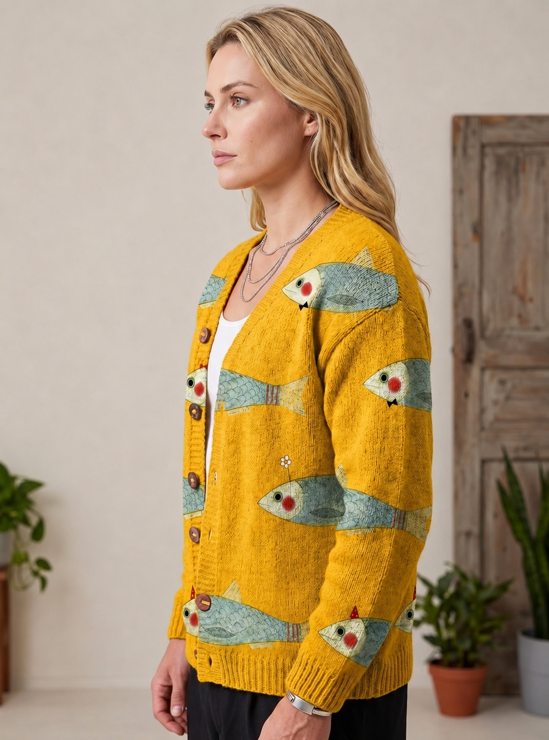 Aniko Button-Down Fish Print Cardigan