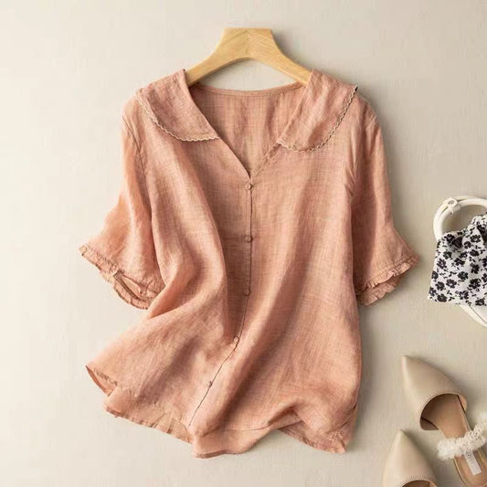 Nevena Button-Down Blouse with Scalloped Collar