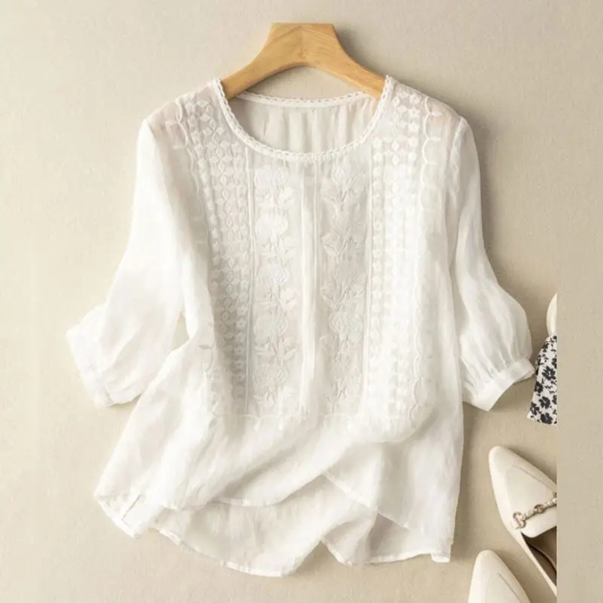 Lucette Cotton Embroidered Three-Quarter Sleeve Blouse