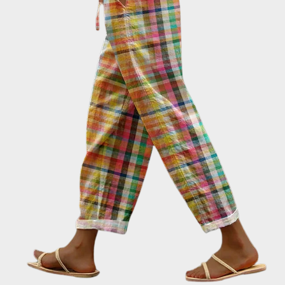 Waldrade Cropped Linen Plaid Drawstring Trousers