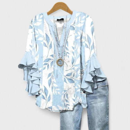 Laodike Blouse with V-Neck and Ruffled Sleeves