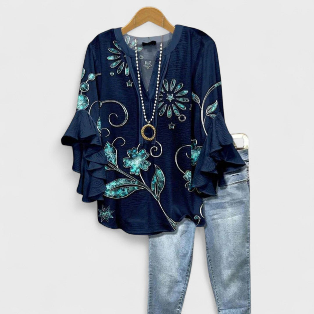 Laodike Blouse with V-Neck and Ruffled Sleeves