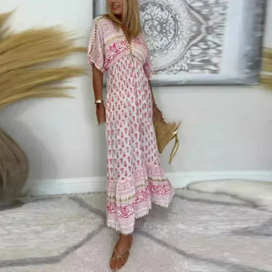 Mahsati Boho Print Maxi Dress with Short Sleeves