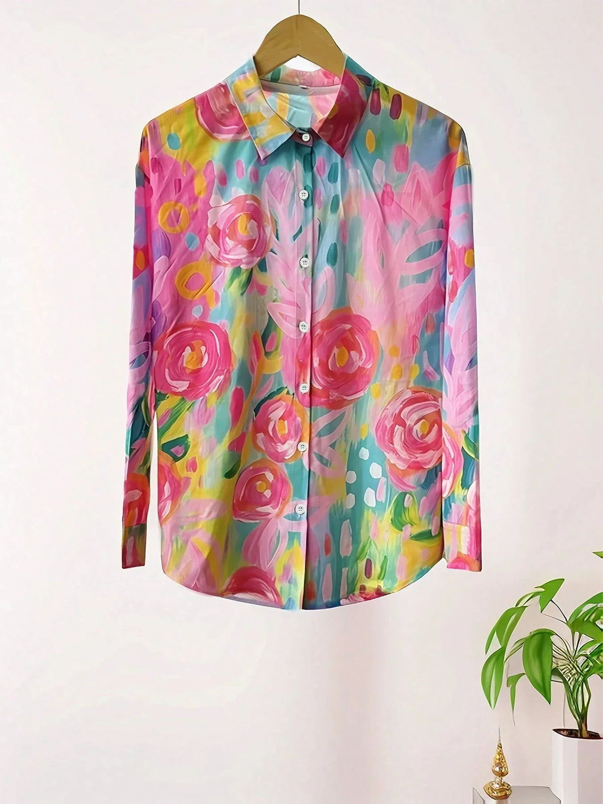 Rhoxane Abstract Print Button-Down Blouse with Oversized Fit