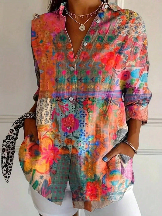 Rhoxane Abstract Print Button-Down Blouse with Oversized Fit