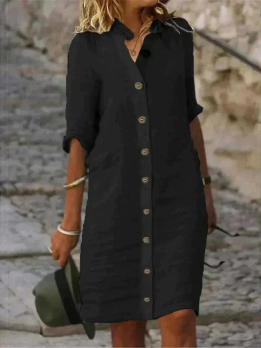 Adelisse Linen Button-Down Shirt Dress with Collar