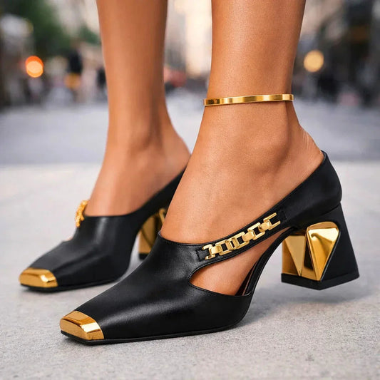 Leofflaed Block Heel Mule Pumps with Pointed Toe