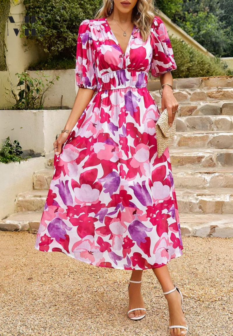 Vellamo Floral V-Neck Midi Dress
