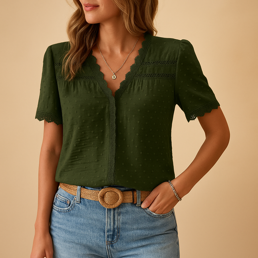 Lasairiona Blouse with V-Neck, Short Sleeves and Lace Trim