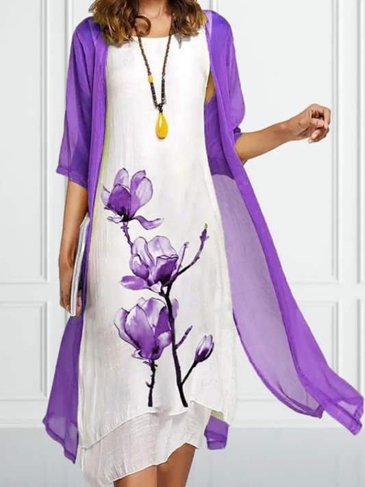 Chrestienne Linen Floral Midi Dress and Chiffon Cardigan Set
