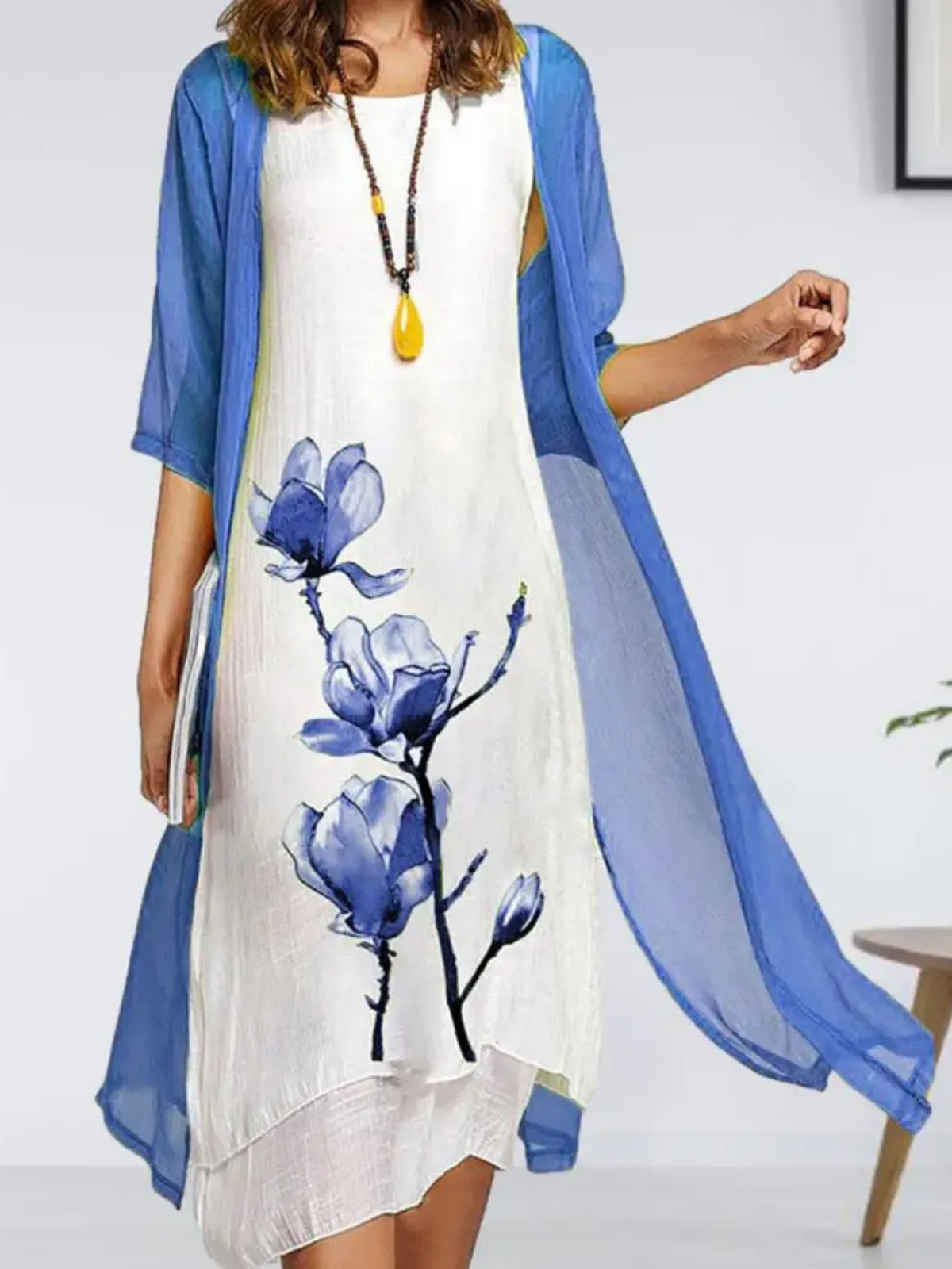 Chrestienne Linen Floral Midi Dress and Chiffon Cardigan Set