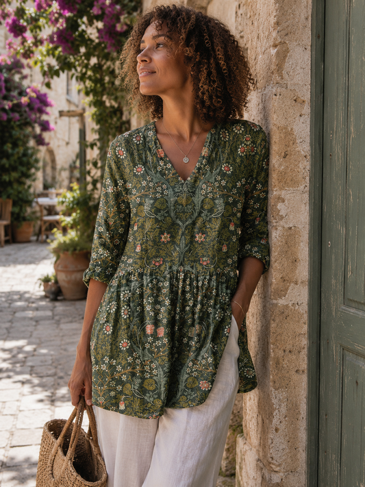 Aslog A-Line V-Neck Floral Shirt Dress