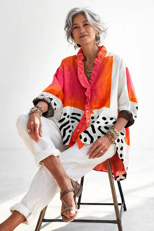 Rozalia V-Neck Ruffle Button-Down Blouse