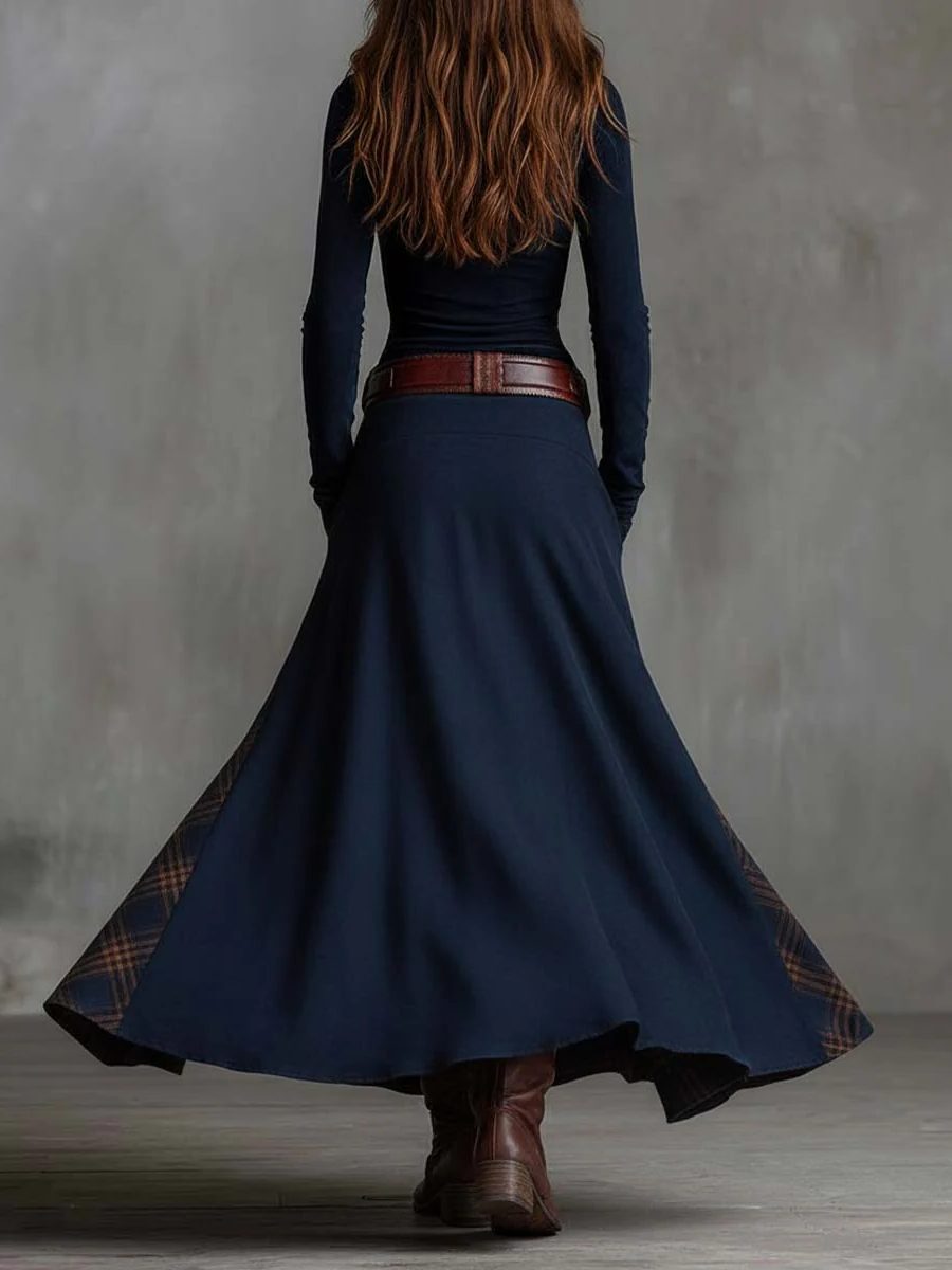 Colombine Patchwork Maxi Dress for Autumn, Belted Waist