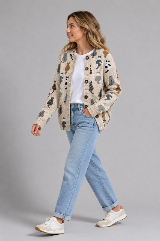 Avice Cat Pattern Knit Cardigan, Button-Down