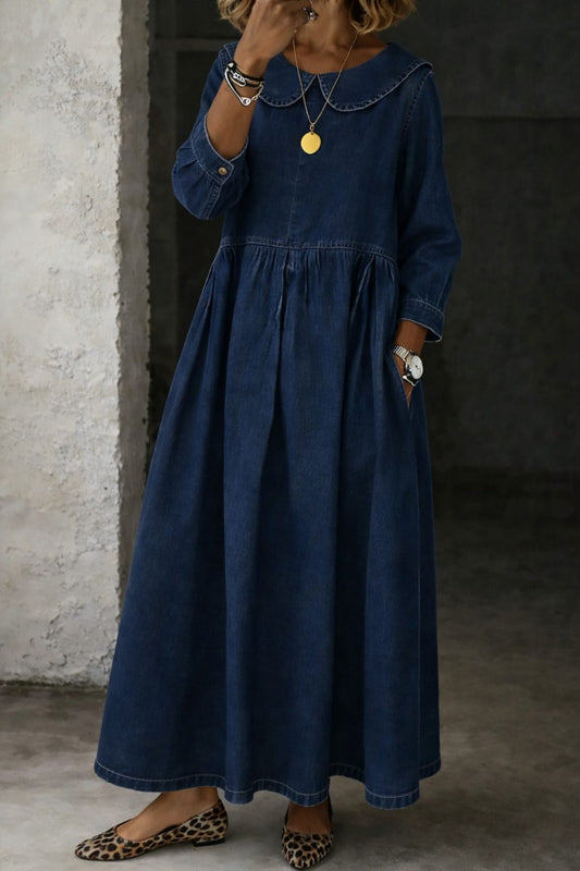 Cassandre Denim Maxi Dress for Everyday, Peter Pan Collar