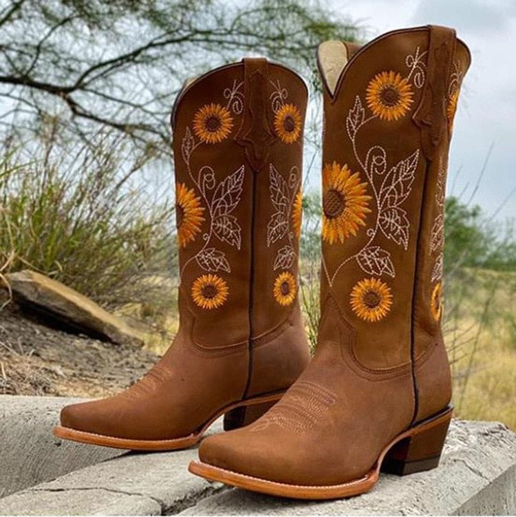 Petronilla Sunflower Cowboy Boots, Square Toe