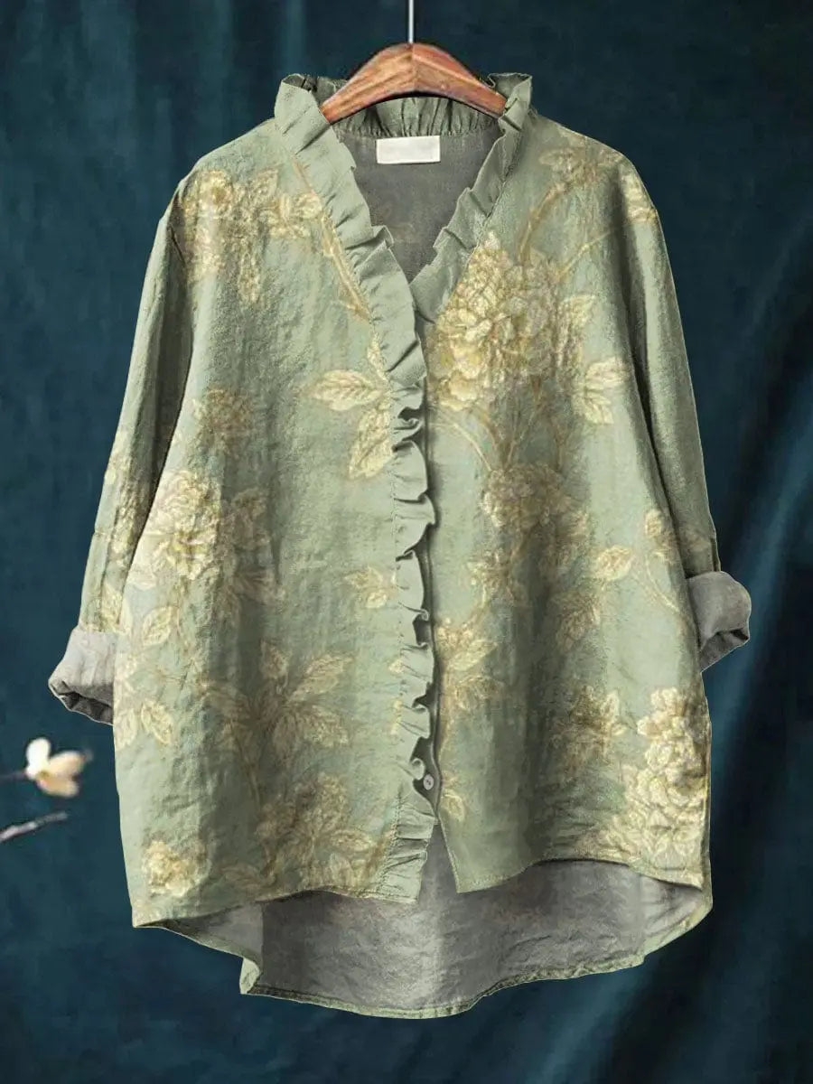 Lorencine Floral Linen Ruffle Button-Down Blouse