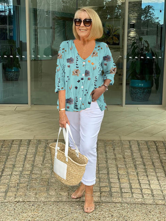 Zenobia Blouse with V-Neck and Three-Quarter Sleeves