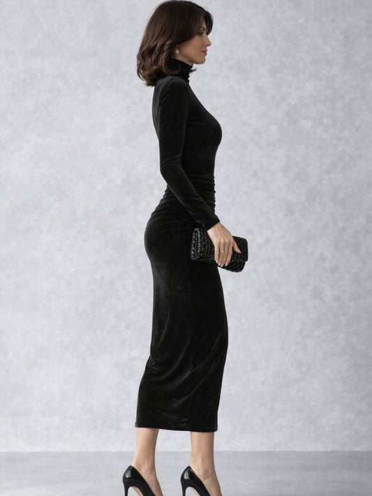 Thierrine Velvet Ruched Midi Dress, High Neck