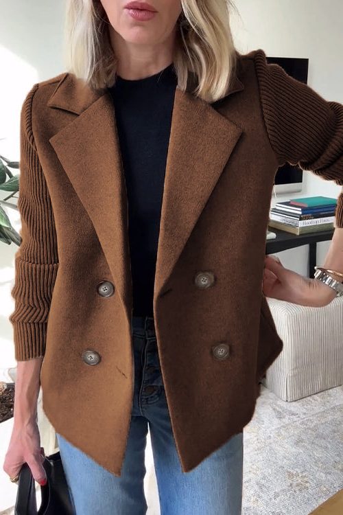 Thomasine Double-Breasted Blazer with Knit Sleeves