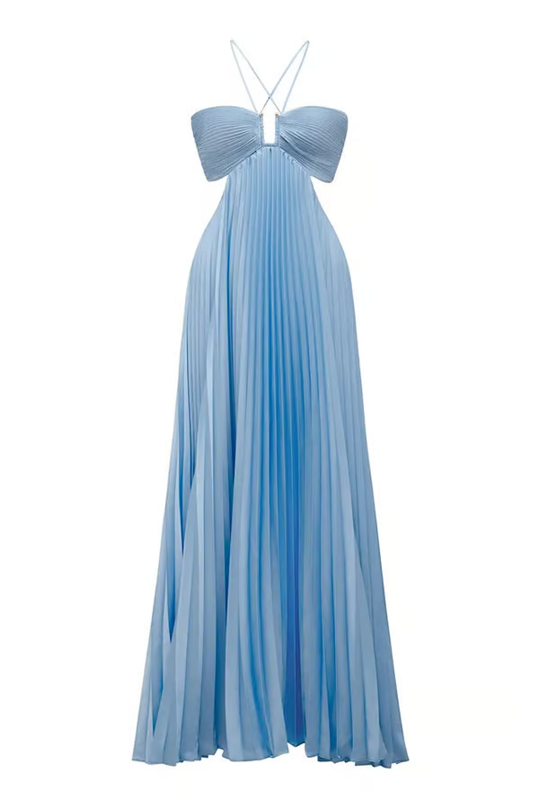 Heghine Wedding Guest Halterneck Pleated Maxi Dress