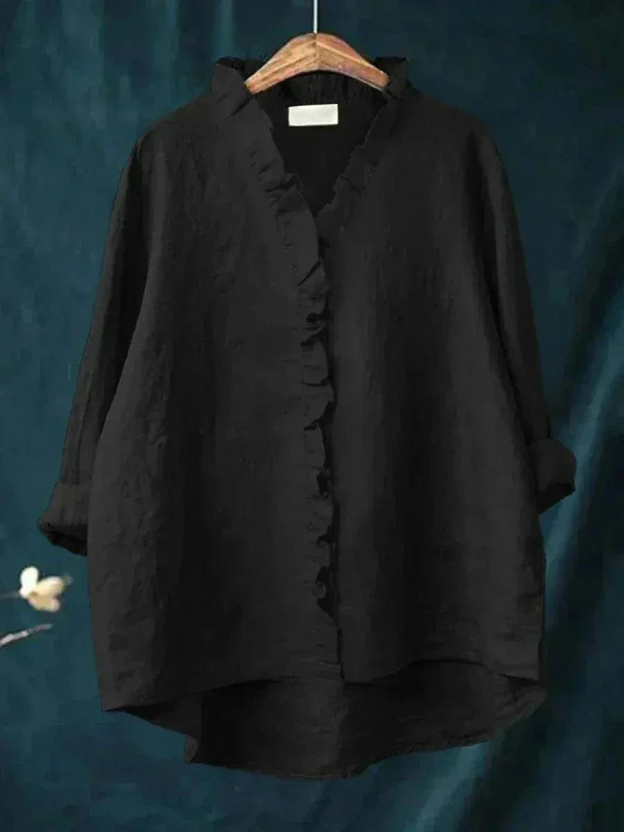 Helewise Linen Ruffle Button-Down Blouse