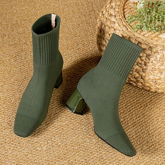 Eudoxie Ribbed Knit Ankle Boots for Autumn, Block Heel