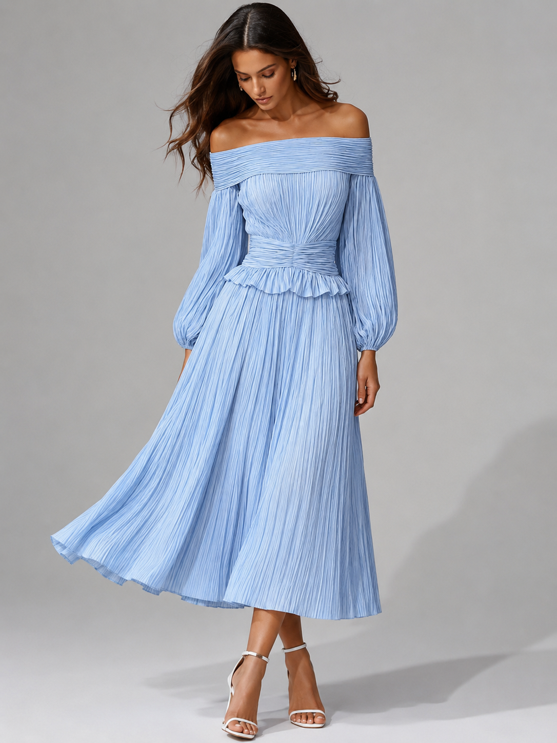Theophania Off-Shoulder Pleated Midi Dress for Weddings
